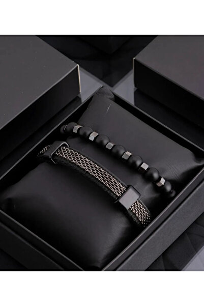 Giza Jewelry بدلة رجالية من الجلد الطبيعي باللون الأسود مع حجر الهيماتيت الطبيعي
