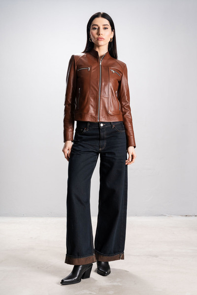 Dericlub Rania Women's Mock Neck Slimfit Real Leather Coat