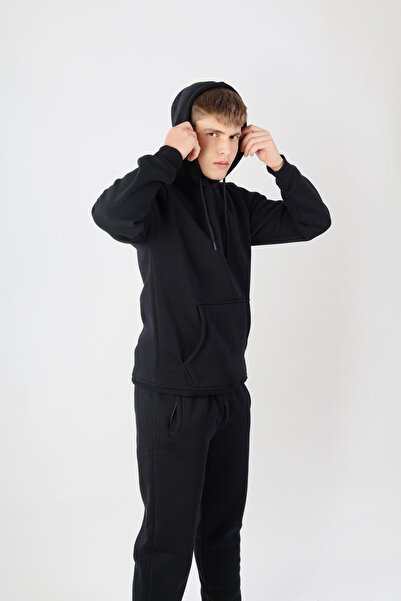 NEW YEAR FİT Plain Hooded Three Thread Sh Fleece-Lined Men's Tracksuit Set