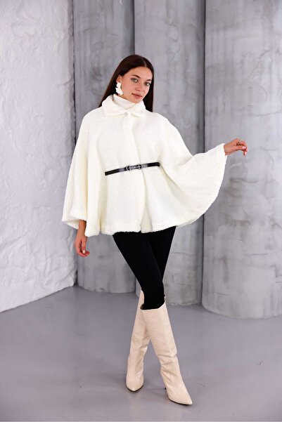 PENGORA Plush Poncho with Belt White Women's