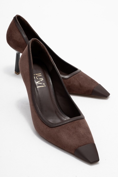 LuviShoes RONA Кафяви дамски обувки с висок ток и плоска нос от велур