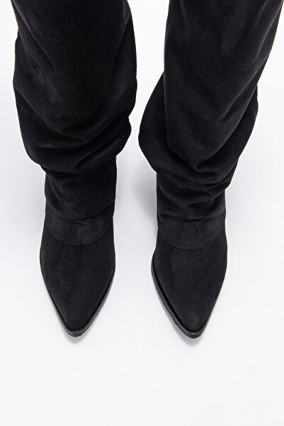 LuviShoes Γυναικείες μπότες με χοντρό τακούνι ELARIS μαύρες σουέτ με φυσούνα