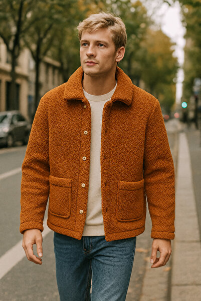 homytextiles Sherpa Ekstra Yumuşak Teddy Gömlek Yaka Düğmeli Erkek Ceket