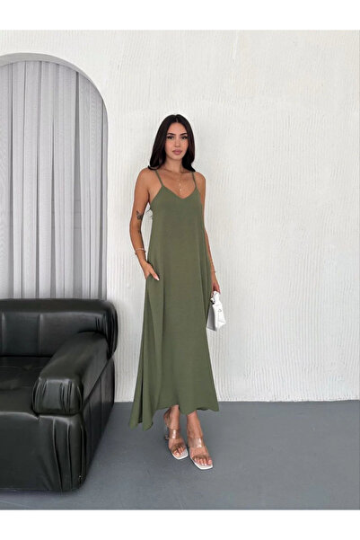 bysoca Kadın Haki V Yaka İp Askılı Sırtı Açık Cepli Salaş Uzun Maxi Boy Ayrob...