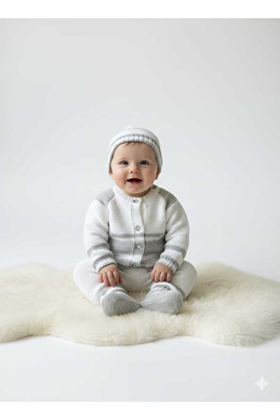Meriç bebe 0-6 Months Baby Knitwear Four-Piece Set | Cardigan, Pants, Hat, Booties Set Winter Gift Bodysuit Tkm