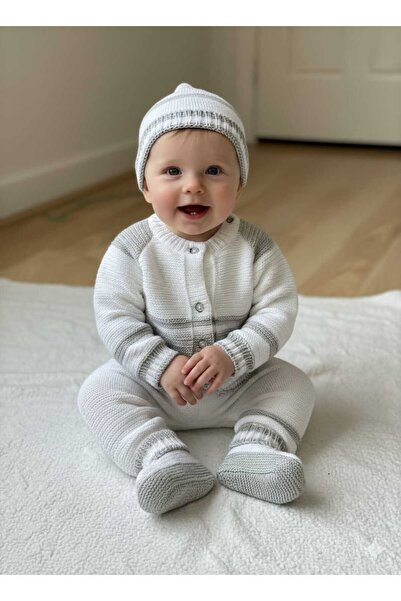 Meriç bebe 0-6 Months Baby Knitwear Four-Piece Set | Cardigan, Pants, Hat, Booties Set Winter Gift Bodysuit Tkm