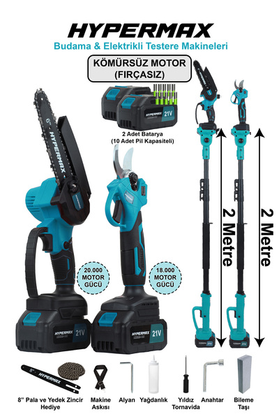 hypermax 3’lü Set Çift Akülü 10 Pilli Kömürsüz Teleskopik Kollu Bağ Budama Ma...