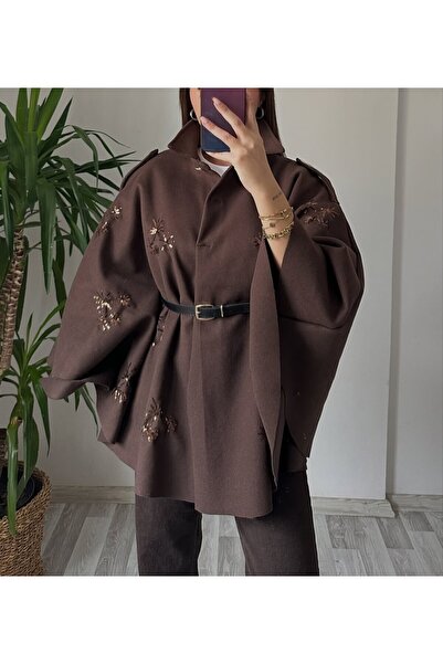 Lavanta Tekstil Sequin Embroidered Belted Cashmere Fabric Poncho