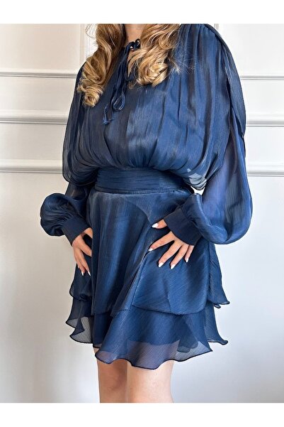 LUUN Lacivert Renkli Tüllü Vatkalı Uzun Kol Mini Gece Elbisesi