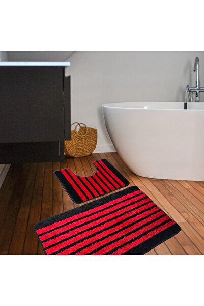 Kotonia Home Set of 2 bath mats anti-slip membrane, 100% synthetic fibers, red, 50×40 cm, 50×80 cm, Sandy Larissa
