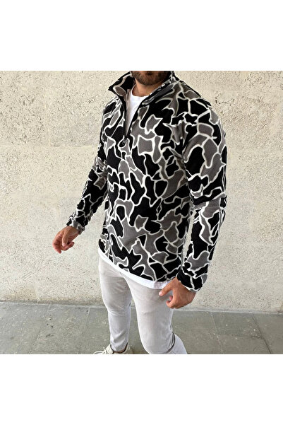 MODA Men's Half Zipper Patterned Fleece Sweat Collar, Long Sleeve, Oversized Comfortable Fit - Black