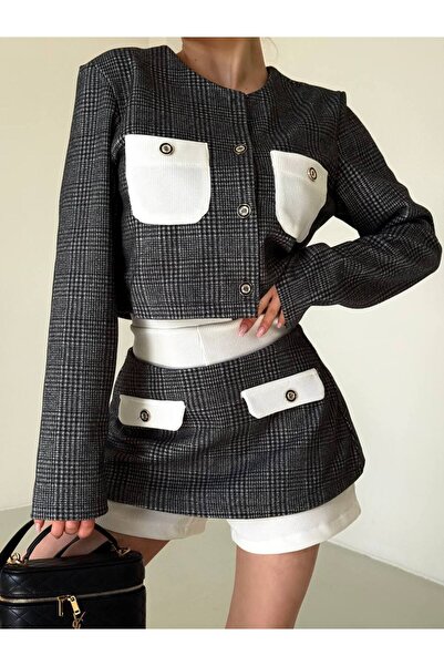 Elia Swimwear Women's Elegant Tweed Set Jacket Skirt Shorts Gray Bellagio