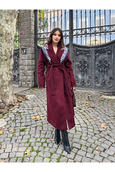 manana fashion Striped Belted Double-Breasted Long Cashmere Coat