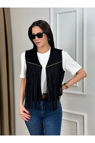 HepsitrentStore Tassel Detailed Full-Fit Suede Sleeveless Vest