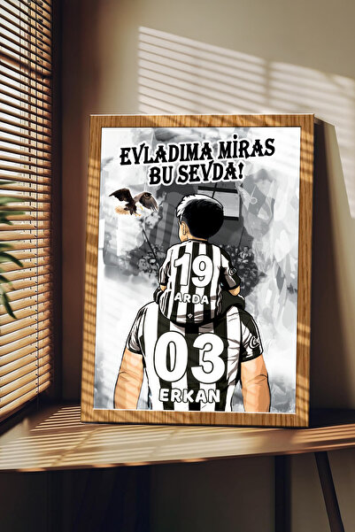 Sophanos Ahşap Çerçeve Görünümlü Siyah Beyaz Taraftar Baba-Oğul Kişiye Özel Artistik Siyah Saç MDF Tablo