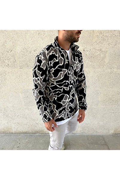 MODA Men's Half Zipper Patterned Fleece Sweat Collar, Long Sleeve, Oversized Comfortable Fit - Black