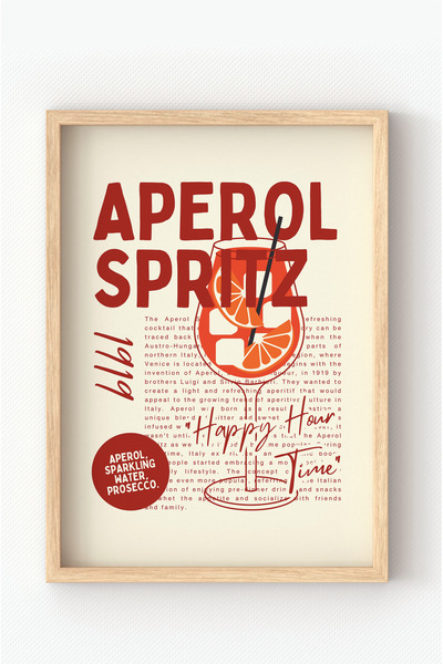 MIOVI Ahşap Çerçeveli “Aperol Spritz” Poster – Retro Tarz Happy Hour Duvar Dekoru 🍊✨