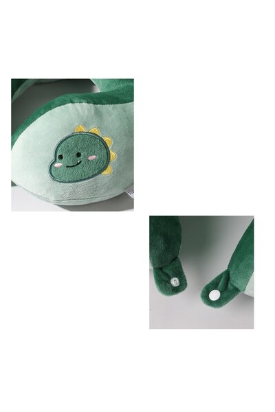 Flippy Travel Pillow for Neck and Head, Cotton Filling, 28x28x10 cm, Embroidered Dinosaur, Green