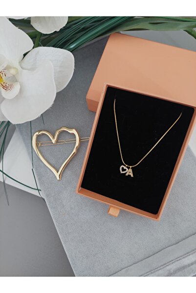 LUCKY ACCESSORIES çelik zirkon taş harf kolye +Metal Kalp Toka Set, Öğretmenl...