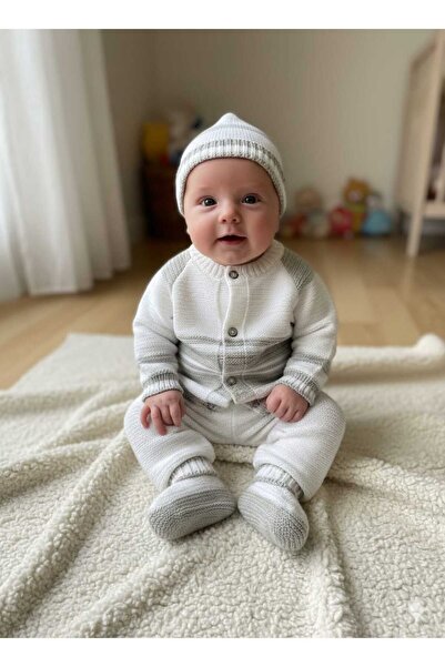 Meriç bebe 0-6 Months Baby Knitwear Four-Piece Set | Cardigan, Pants, Hat, Booties Set Winter Gift Bodysuit Tkm