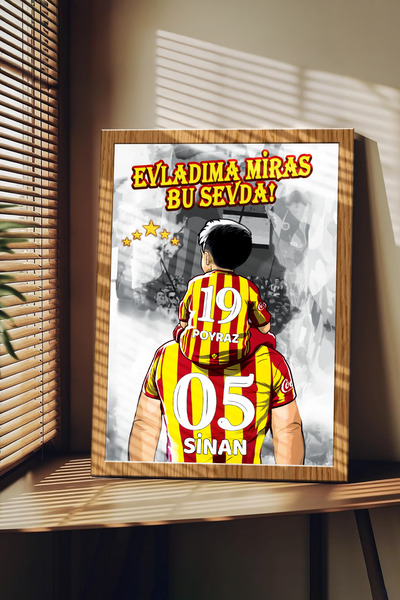 Sophanos Ahşap Çerçeve Görünümlü Sarı Kırmızı Taraftar Baba-Oğul Kişiye Özel ...