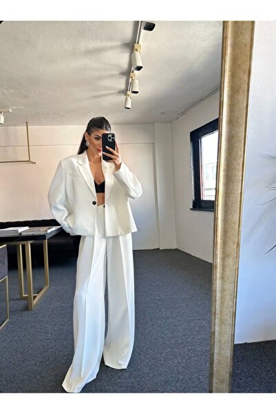 FMN Moda hafif vatkalı premium kalite astarlı oversize standart blazer ceket palazzo pantolon ikili takım