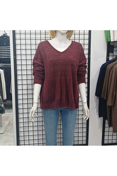 Butik Şans Pulover din tricot italian din țesătură cu barbă cu decolteu în V ...