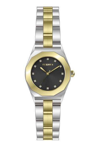 Furious Jewellery Women's Quartz Watch – Black Dial with Two-Tone Stainless Steel and Gold Bezel