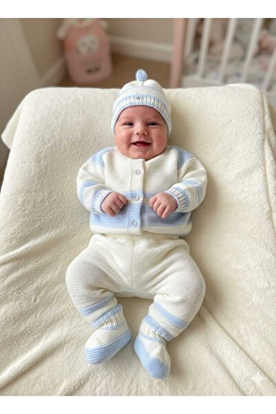 Meriç bebe 0-6 Ay Bebek Triko Dörtlü Takım | Hırka, Pantolon, Şapka, Patik Se...