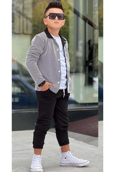 Riccotarz Boys' Waterway Striped Jacket Combed Cotton Sweater 2 Thread Pants Black Bottom Top Set