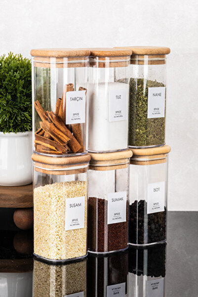 DNS HOME 6-Piece Wooden Vacuum Lid Acrylic Spice Jar Set Storage Container Spice Rack with Label Gift 300 ml