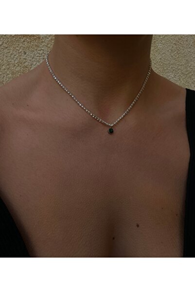 pop up store Zümrüt Yeşil Taşlı Gümüş Zemin Kristal Kolye