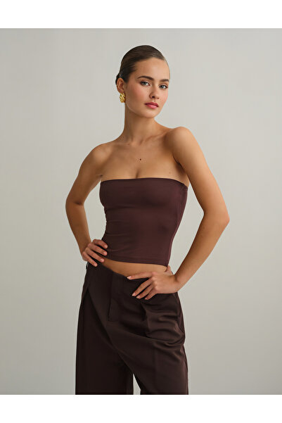 Baluxe Brown Double Layer Strapless Cotton Top Blouse
