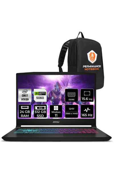MSI Katana 15 i7 14650HX 24GB 512GB SSD RTX5060/8GB 115W 15.6" QHD 165Hz W11H Gaming Laptop B14WFK