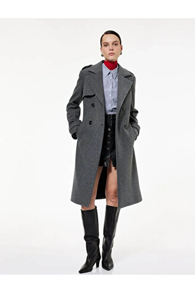 Koton Palton de damă cu mânecă lungă și curea cu două rânduri de nasturi Long...