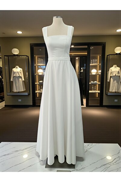 FİYPER Λευκό τετράγωνο λαιμόκοψη σατέν μάξι μήκους έτοιμο ντύσιμο βραδινό φόρεμα και νυφικό