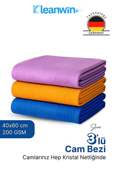 Kleanwin Shine 3’lü Mikrofiber Cam Bezi Seti – Ev ve Araç Cam Temizlik Bezi, İz Bırakmayan Mikrofiber Bez