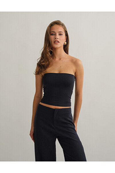 Baluxe Black Double Layered Strapless Cotton Top Blouse