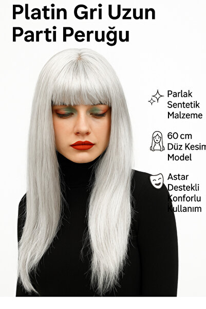 Tamsena Store 60 cm Platin Gri Uzun Parti Peruğu | Sentetik Parlak Düz Kesim ...