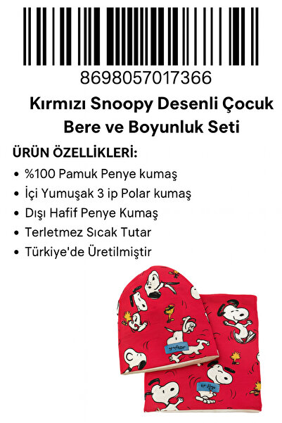 bitangosu 5-8 Years Old Red Snoopy Patterned 100% Cotton Combed Children's Beret and Neck Collar Double-Sided Use