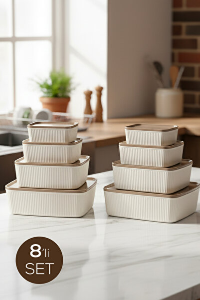 Vienev 8'li Çizgili Dikdörtgen Saklama Seti Bej | 2.5L 1.5L 0.80L 0.45L | Mikrodalga ve Dondurucu Uyumlu