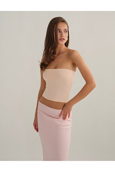 Baluxe Μπεζ μπλούζα διπλής στρώσης στράπλες από βαμβακερό υλικό