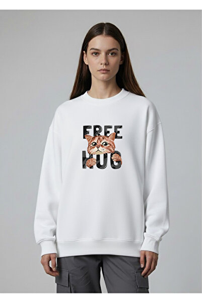 LORVEX Swea alb oversize unisex cu guler rotund tricou FREE HUG imprimat