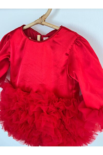 2kids2mom Kız Bebek Çocuk Elbise Uzun Kollu Tüllü Tütü Özel Gün Parti Doğum Günü Prenses Saten Abiye Elbise