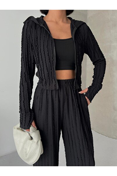aytenli Shawl Collar Hooded Zippered Finger-Looped Top Elasticized Sized Pocketed Trousers Tassel Suit