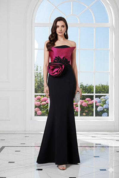 Robes Straplez Yaka Çiçek Detaylı Uzun Abiye Elbise Balık Kesim Yüksek Bel Öz...