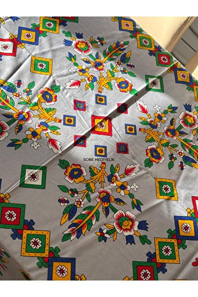 Sobe Hediyelik Gray Background Colorful Floral Pattern Square Tablecloth 170X170 cm