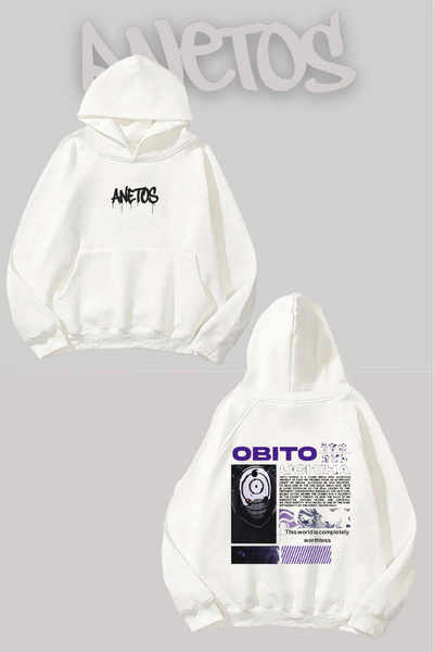 Anetos Obito Anime Răcire cu imprimeu Alb cu glugă Swea tricou