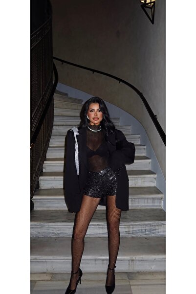 Vogue Mavi payetli siyah mini şort