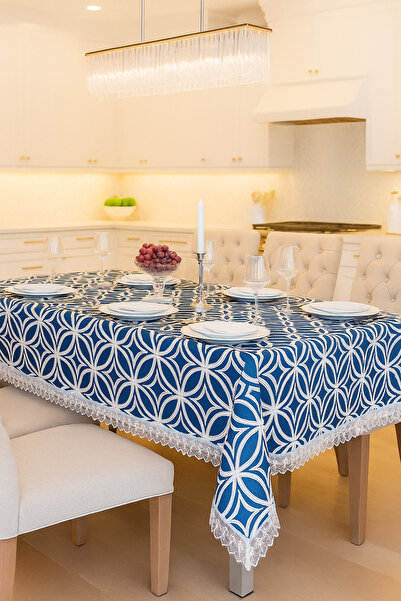 Rona Home Luxury Navy Blue Tablecloth with Lace Edge Wipeable Fabric Model